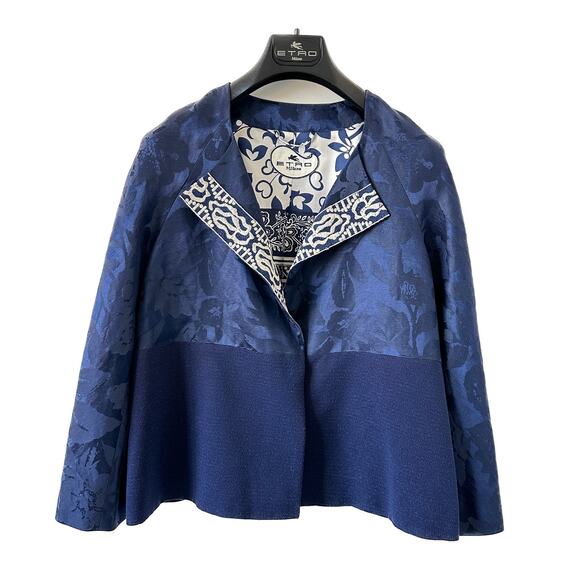 ETRO Blue Silk Linen Blend Multi Pattern Jacquard Jacket Size IT 42 / US 10 - Picture 7 of 14